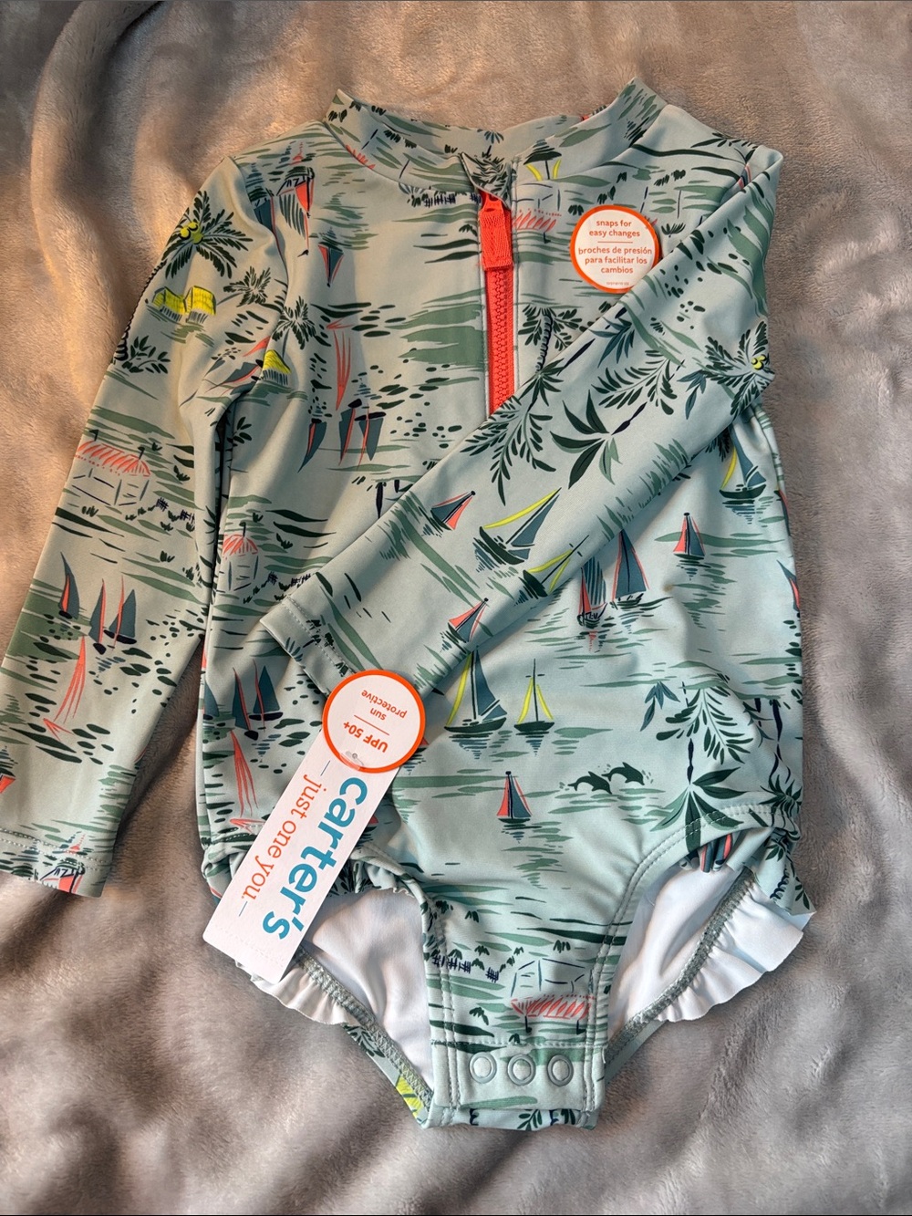 Carter's Mint Long-Sleeve Rashguard suit with Multicolor Sailboats